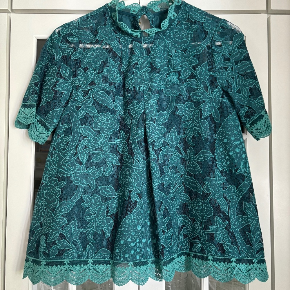 ANTHROPOLOGIE peacock green lace peplum blouse